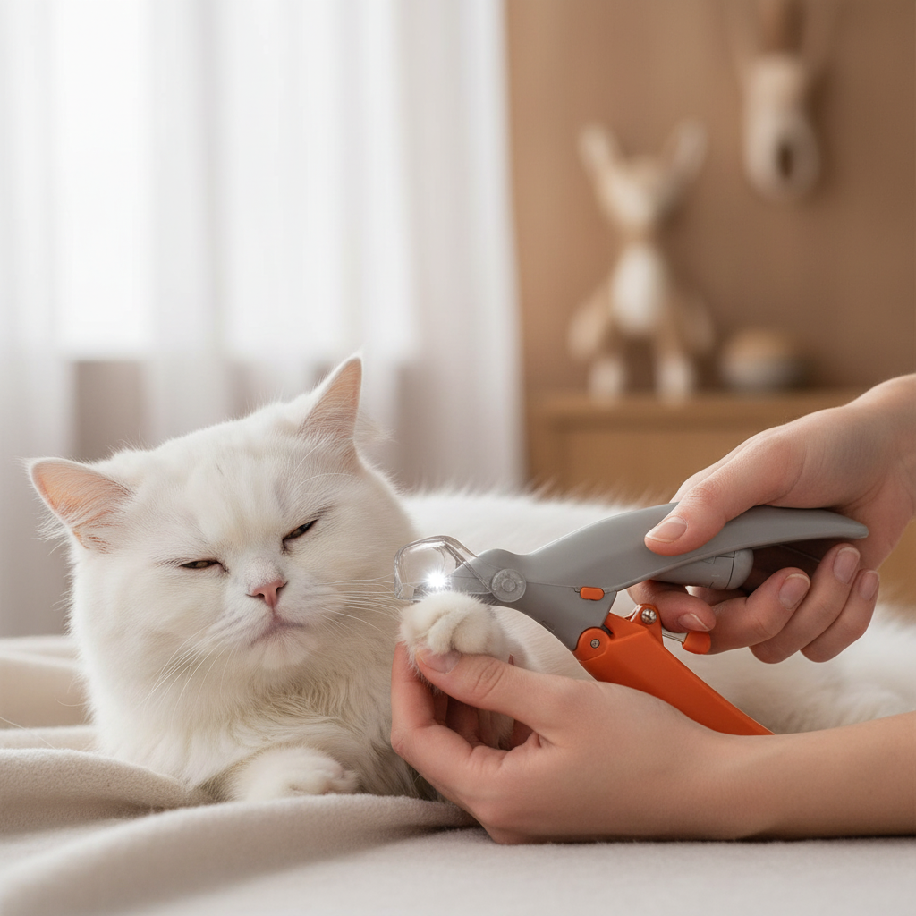 SmartClip cortando uñas a gato blanco