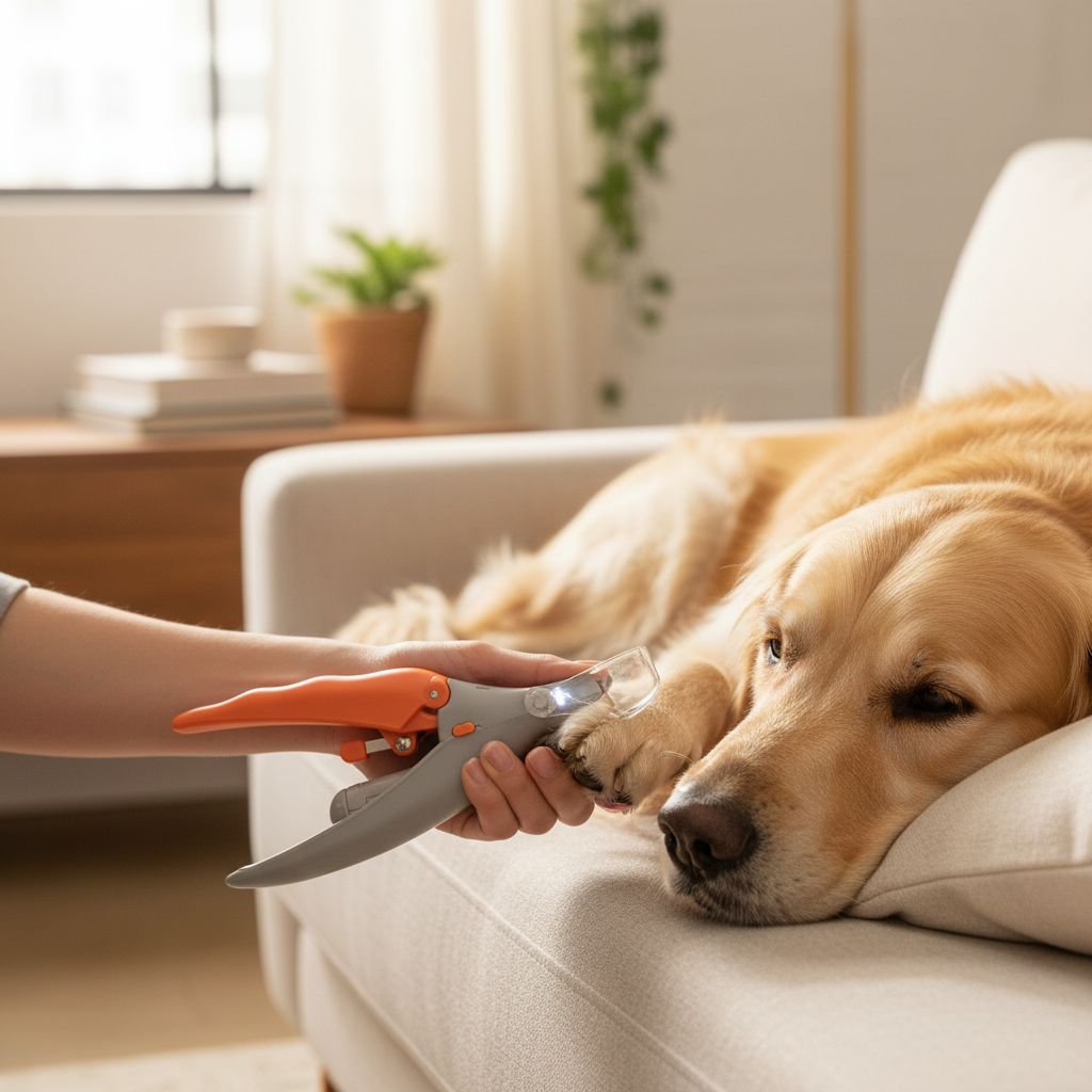 SmartClip cortando uñas a perro grande en sofá